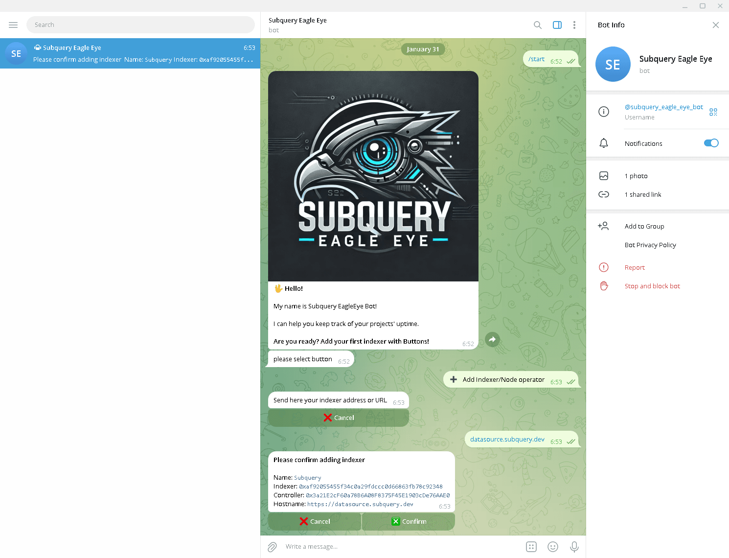 Telegram bot Subquery Eagle eye